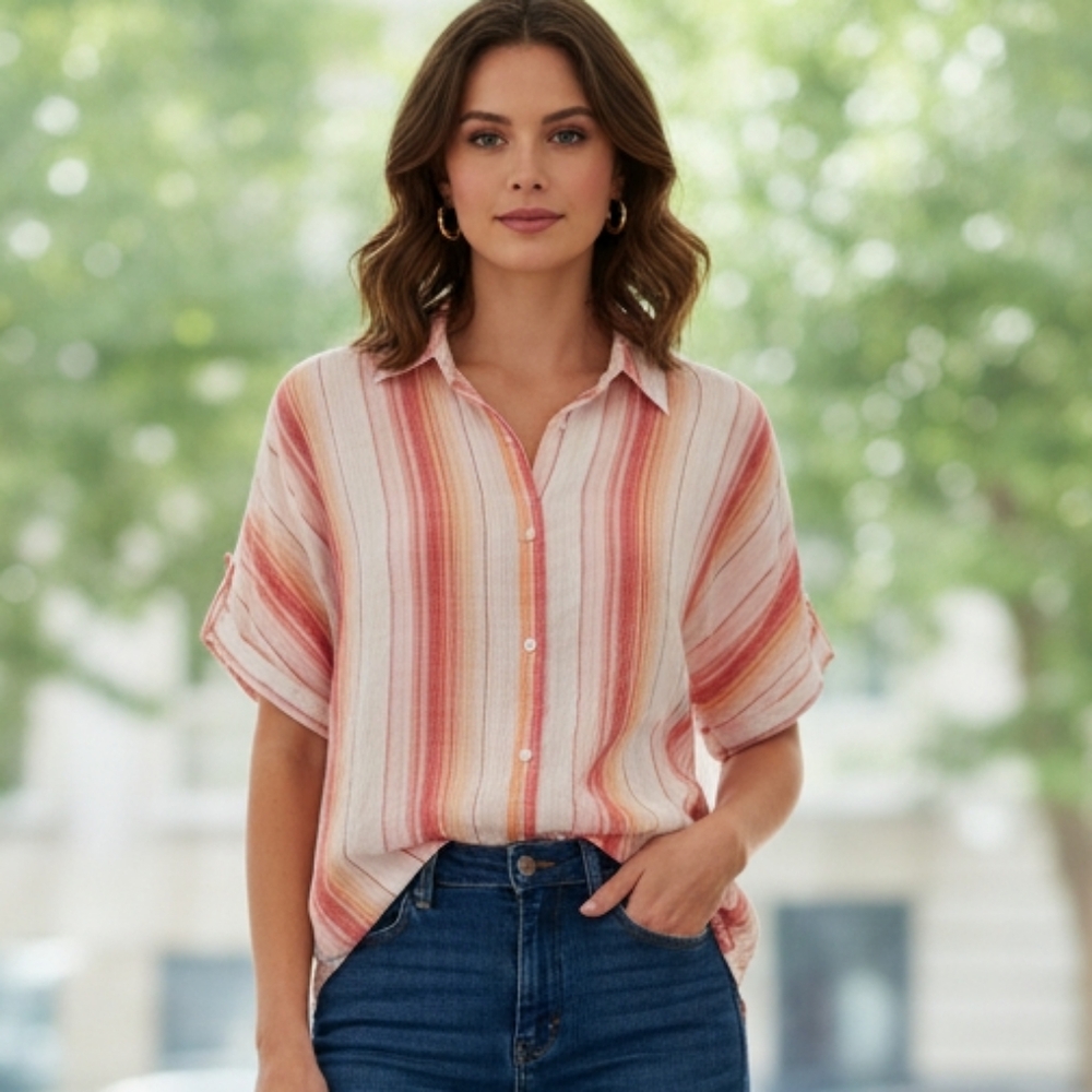 Gloria Vanderbilt Red and Pink Striped Button-Down‎ Shirt Woman's Large
